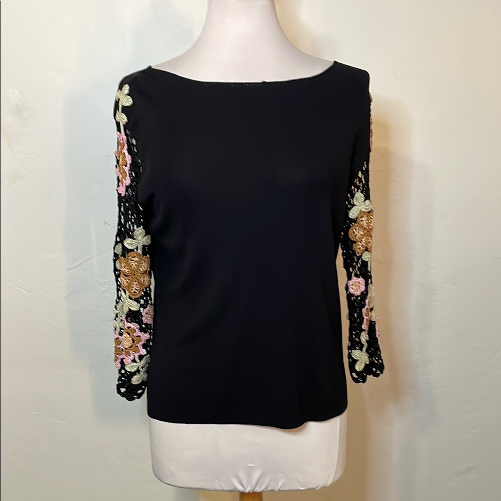 Vintage Joseph A. Pull Over Viscose Blend Crochet Floral Sleeves Top Size Large